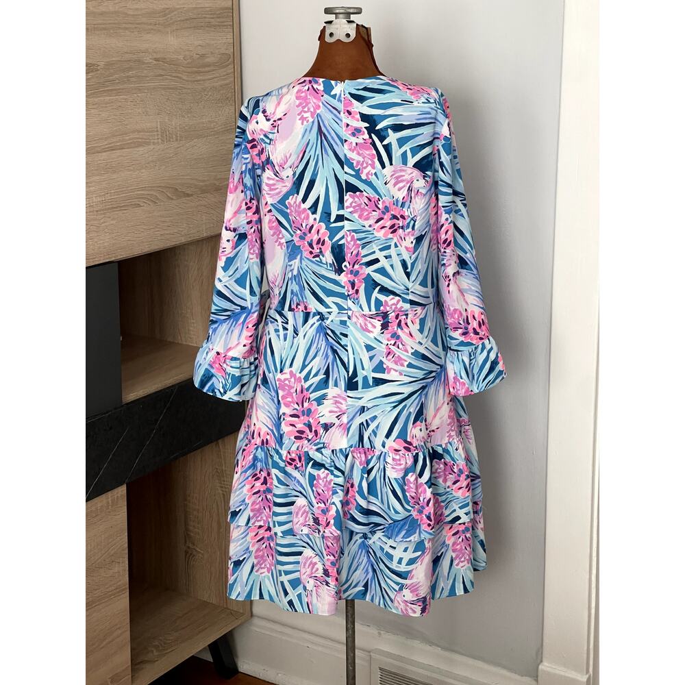 Lilly Pulitzer Size M Laeda Dress Blue Pink Mini Stretch Wedding Cocktail Ruffle - Picture 3 of 16